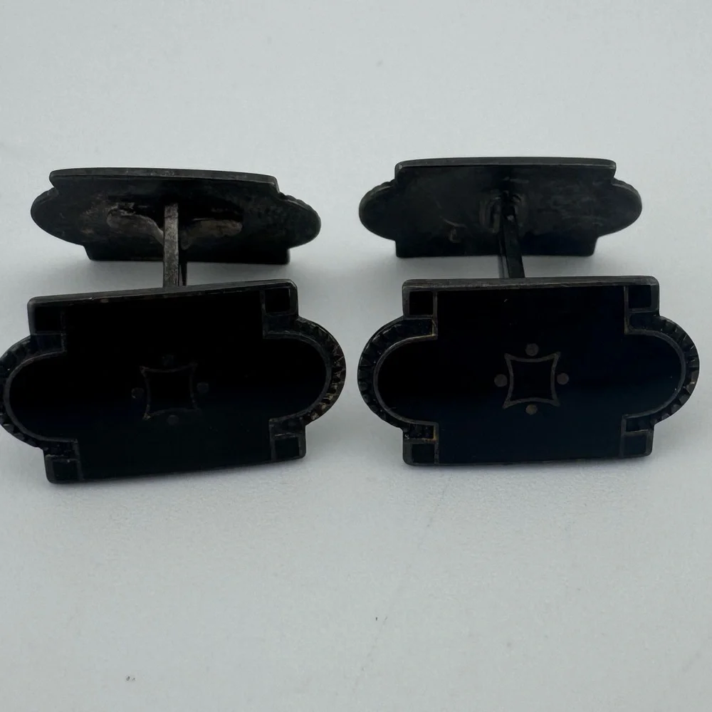 Vintage Made In Norway‎ 925S Black Geometric Art Deco Cuff Links